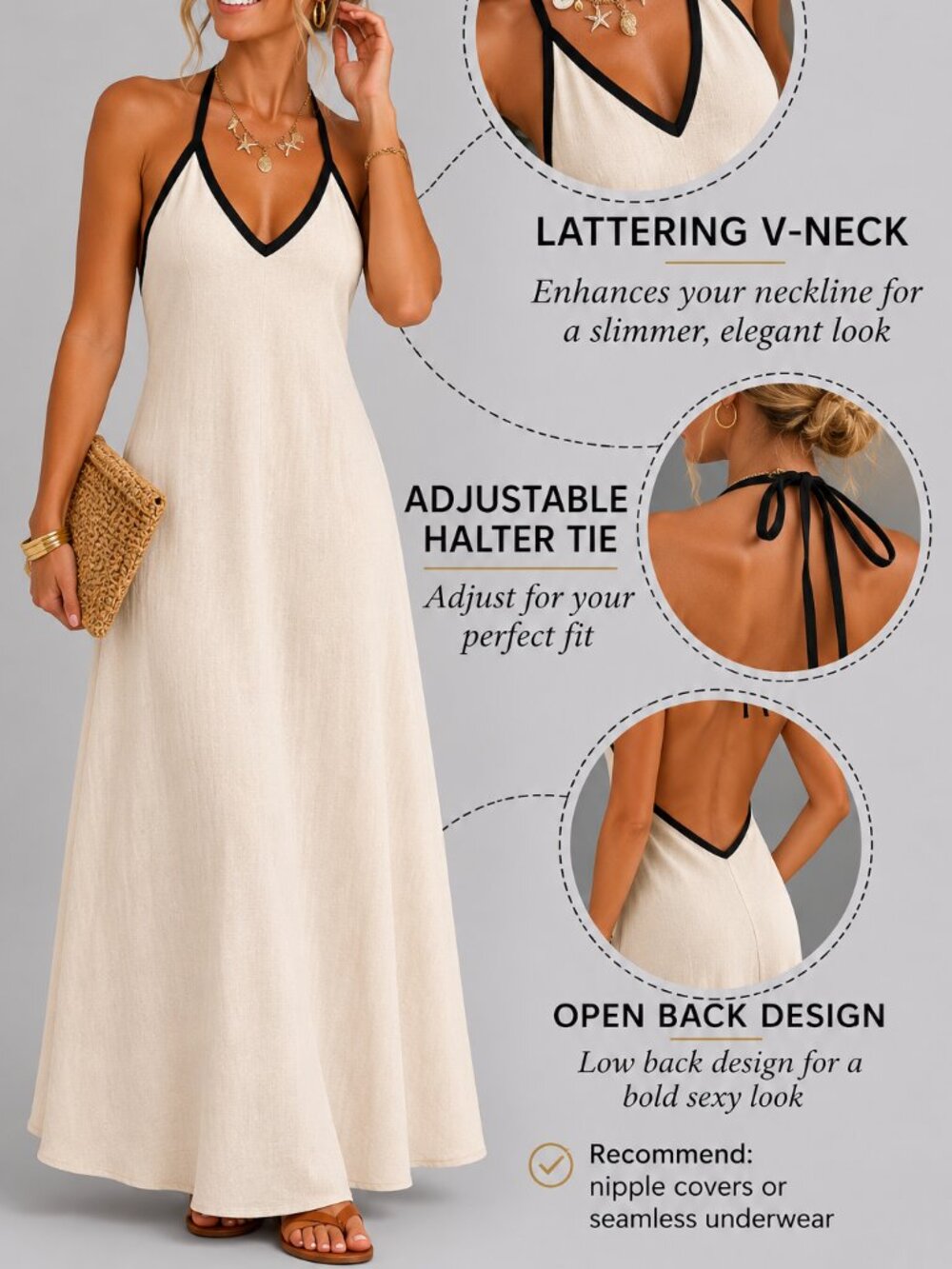 Women’s Linen Halter Maxi Dress Backless Boho Beach Vacation Sundress Summer - Picture 3 of 4